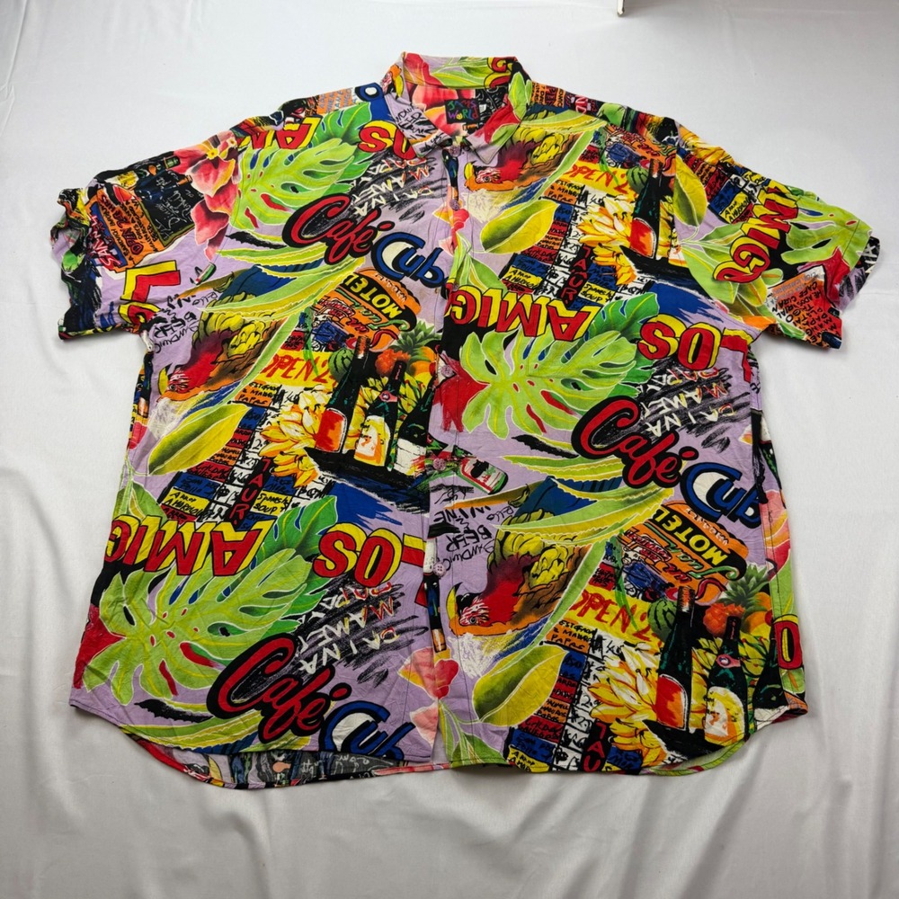 Jams World Shirt‎ Mens XXL Cafe Cubano Tropical Collage Rayon Aloha USA Made VTG